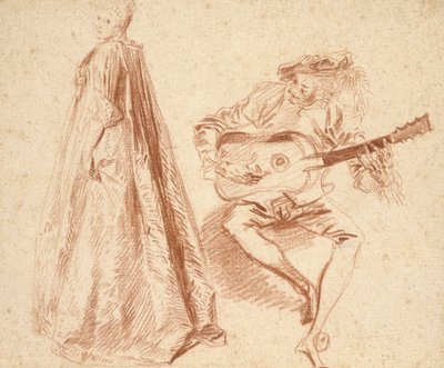 Girl Standing in Profile to Left, Looking Over Her Left Shoulder, with a Man on the Right Playing a Guitar by Jean Antoine Watteau